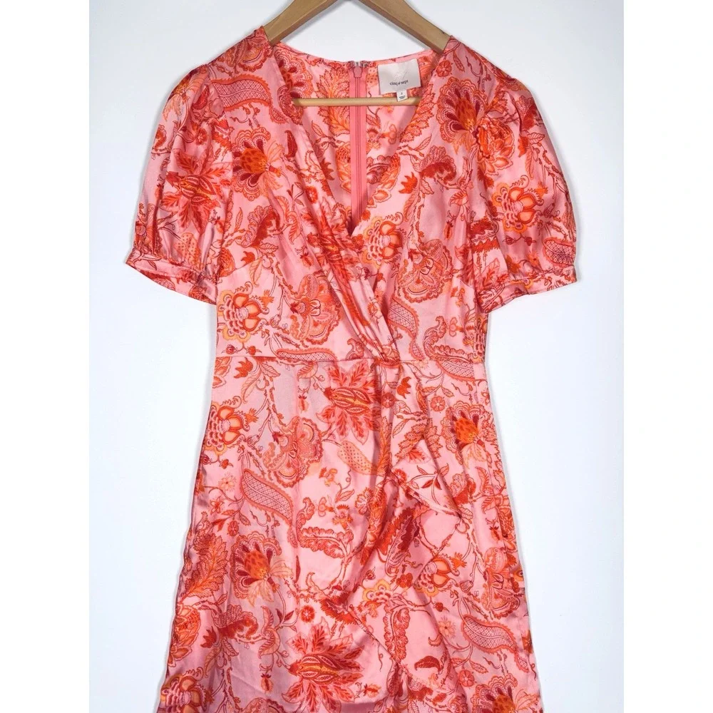 5a7 Cinq a Sept Kay Midi Dress Size 2 Pink Orange Floral Ruffle Faux Wrap Party